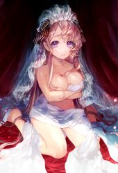  bad_id bad_pixiv_id blonde_hair breasts cleavage commentary_request die_braut_von_korinth female large_breasts long_hair looking_at_viewer moeru!_jiten moeru!_vampire_jiten momoshiki_tsubaki navel purple_eyes sitting solo vampire veil wariza 