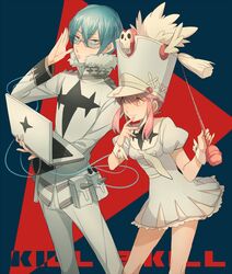  1boy adjusting_eyewear asuda blue_eyes blue_hair commentary_request computer conductor_baton dress female glasses hat honnoji_academy_uniform inumuta_houka jakuzure_nonon kill_la_kill laptop pink_eyes pink_hair shako_cap sidelocks tassel uniform 