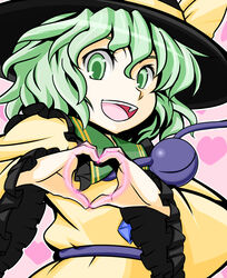  :d commentary_request eyeball female green_eyes green_hair hat heart heart_hands komeiji_koishi looking_at_viewer open_mouth short_hair smile solo teeth third_eye touhou wabi_(wbsk) 