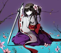  alice_(deemo) brown_hair commentary_request deemo expressionless female flower hakama hakama_skirt hand_on_hilt islet_(duehdvh) japanese_clothes katana looking_at_viewer pale_skin petals purple_hakama saika_(deemo) seiza sitting skirt solo sword weapon wide_sleeves 