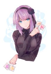  between_fingers black_flower black_hairband black_necktie black_ribbon black_rose black_sweater blue_eyes breasts candy commentary_request cropped_torso dagashi_kashi female flower food hair_flower hair_ornament hair_ribbon hairband head_tilt holding korean_commentary large_breasts lollipop long_hair long_sleeves looking_at_viewer necktie nurumi_p purple_hair ribbed_sweater ribbon rose shidare_hotaru solo sweater upper_body white_background 