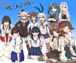  6+girls ahoge akagi_(kancolle) amatsukaze_(kancolle) anchor_hair_ornament bare_shoulders black_hair blonde_hair blue_background blue_skirt boots bow breasts brown_eyes brown_hair brown_skirt choker commentary_request crop_top crossed_arms detached_sleeves double_bun dress gradient_background grey_hair hair_bun hair_ornament hair_ribbon hair_tubes hairband hairbow hakama hakama_short_skirt hakama_skirt headband headgear hiei_(kancolle) highres japanese_clothes kaga_(kancolle) kantai_collection kneehighs kongou_(kancolle) large_breasts long_hair long_sleeves looking_at_viewer midriff multiple_girls navel neckerchief nontraditional_miko one_eye_closed pleated_skirt red_skirt remodel_(kantai_collection) ribbon sailor_collar sailor_dress senshiya shimakaze_(kancolle) short_dress short_hair shoukaku_(kancolle) side_ponytail sitting skirt socks striped_clothes striped_thighhighs tasuki thigh_boots thighhighs twintails two_side_up ushio_(kancolle) wariza white_legwear yukikaze_(kancolle) zettai_ryouiki zuikaku_(kancolle) 