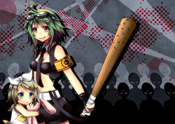  2girls :q armband bad_id bad_pixiv_id baseball_bat between_breasts breasts goggles goggles_on_head green_hair gumi kagamine_rin kairiki_bear_(&quot;lolita&quot;_songs) multiple_girls nail nail_bat necktie necktie_between_breasts shiomizu_(swat) tongue tongue_out vocaloid 