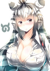  absurdres alternate_breast_size animal_ears black_eyes black_hair blush breast_pocket breasts chapman&#039;s_zebra_(kemono_friends) cleavage commentary_request extra_ears female highres huge_breasts japari_symbol kanzakietc kemono_friends long_hair looking_at_viewer multicolored_hair pocket simple_background solo striped_hair two-tone_hair upper_body white_background white_hair zebra_ears 