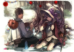  1boy bad_id bad_pixiv_id bottle crying ddongu female hat long_hair open_mouth original photoshop_(medium) pumpkin purple_eyes purple_hair red_eyes short_hair staff tree white_hair witch_hat 