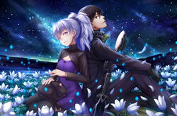  animal black_eyes breasts brown_hair choker choukoukou_no_diaosi cleavage clouds darker_than_black dress feline flowers gloves gray_hair hei long_hair male mao_(darker_than_black) mask night ponytail purple_eyes ribbons short_hair sky stars sword thighhighs weapon yin 