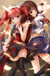  2girls :o bemani black_legwear blunt_bangs brown_eyes brown_hair commentary_request embers fire guitar headdress instrument katana kneehighs konoha_(sound_voltex) kureha_(sound_voltex) kuria_(clear_trip_second) long_hair looking_at_viewer looking_back multiple_girls pleated_skirt red_eyes sash sheath short_sleeves skirt smile socks sound_voltex sword thighhighs unsheathing weapon zettai_ryouiki 