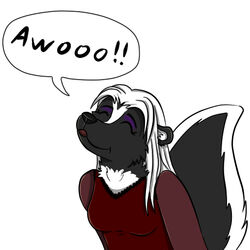  1:1 anthro awoo big_tail clothed clothing english_text eyelashes foxyruby fur hair howl long_hair mammal meme mephitid multicolored_body multicolored_fur open_mouth simple_background skunk small_ears smile solo speech_bubble sticker tail text twillight_(twillightskunk) two_tone_body two_tone_fur 