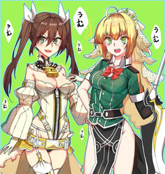  2girls :d absurdres bad_id bad_pixiv_id belt blonde_hair breasts brown_hair cleavage cosplay costume_switch detached_sleeves fate/extra fate/extra_ccc fate_(series) gloves green_eyes groin highres holding holding_sword holding_weapon kantai_collection leotard lock long_hair looking_at_viewer medium_breasts multiple_girls nero_claudius_(bride)_(fate) nero_claudius_(bride)_(fate)_(cosplay) nero_claudius_(bride)_(second_ascension)_(fate) nero_claudius_(fate) open_mouth pelvic_curtain smile sword tears tone_(kancolle) tone_(kancolle)_(cosplay) trait_connection umu_(phrase) weapon white_gloves white_sleeves wulazula 