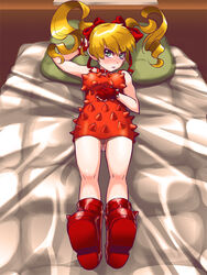  ankle_boots bed blonde_hair blue_eyes blush boots bow breasts commentary_request dress effie_(street_fighter) female fingerless_gloves full-face_blush gloves hairbow long_hair looking_at_viewer medium_breasts on_bed oppai_loli osamu_yagi pillow red_dress red_gloves ribbon solo spikes street_fighter street_fighter_iii_(series) sweatdrop twintails 