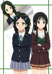  3girls akiyama_mio aqua_ribbon arms_behind_back black_eyes black_hair blazer blush braid breasts buttons commentary_request company_connection cosplay costume_switch cowboy_shot cp9a crossed_arms crossover extra green_eyes green_neckerchief hair_ornament hair_over_shoulder hairclip hibike!_euphonium highres hikasa_youko jacket k-on! kitauji_high_school_uniform kyoto_animation light_smile long_hair long_sleeves look-alike looking_at_viewer multiple_girls name_connection neck_ribbon neckerchief parted_bangs photoshop_(medium) pleated_skirt ribbon saitou_aoi sakuragaoka_high_school_uniform sasaki_youko school_uniform scrunchie serafuku sidelocks skirt small_breasts smile standing twin_braids very_long_hair voice_actor_connection 