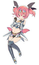  armor belt bikini_armor blade_(galaxist) blush commentary_request demon_girl emelia_pris female fingerless_gloves full_body gloves hair_ribbon heart miniskirt navel oerba_yun_fang open_mouth photoshop_(medium) pink_eyes pink_hair pointy_ears pop-up_story ribbon short_hair short_twintails simple_background skin_fang skirt smile solo thighhighs twintails white_background 