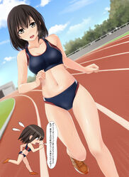  black_eyes black_hair blue_buruma blue_sports_bra breasts buruma chibi chibi_inset cloud commentary_request dutch_angle female flying_sweatdrops medium_breasts medium_hair midriff multiple_views navel nonaka_ritsu open_mouth original outdoors profile running_track sports_bra touka_(nonaka_ritsu) track_and_field track_uniform translation_request tree 