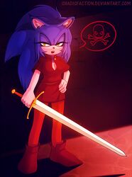  anthro blue_body blue_fur claws disney ear_tuft eulipotyphlan female fur hedgehog lipstick looking_at_viewer makeup mammal melee_weapon open_mouth rule_63 sega shadisfaction solo sonic_the_hedgehog sonic_the_hedgehog_(series) sword teeth the_sword_in_the_stone tuft weapon 