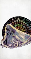  alice_(deemo) brown_hair closed_eyes commentary deemo english_commentary female highres mixed-language_commentary official_art platinum_(deemo) praying profile solo spanish_commentary stained_glass standing veil 