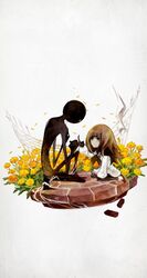  alice_(deemo) commentary deemo deemo_(character) english_commentary female flower full_body happy highres kneeling mixed-language_commentary official_art pinky_swear sitting smile spanish_commentary tears yubikiri_genman_(deemo) 