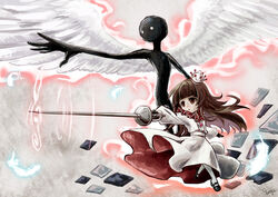  9mg2 alice_(deemo) bad_deviantart_id bad_id brown_hair brown_theme deemo deemo_(character) dress expressionless female friction_(deemo) frills looking_afar pantyhose rapier sword weapon wings 