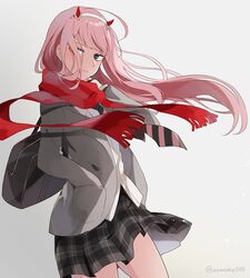  aka_red8547 bag black_bag blazer cowboy_shot darling_in_the_franxx dress_shirt female floating_hair green_eyes grey_background hairband hand_in_pocket holding holding_bag horns jacket long_hair looking_at_viewer miniskirt necktie open_clothes open_jacket pink_hair pleated_skirt protected_link red_scarf scarf school_bag school_uniform shirt simple_background skirt solo standing striped striped_necktie twitter_username very_long_hair white_hairband white_shirt zero_two_(darling_in_the_franxx) 