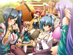  6+girls bachou barrel belt bike_shorts blonde_hair blue_hair blush breasts brown_hair chouhi chousen chouun drunk game_cg gloves huge_breasts jar kan&#039;u katagiri_hinata koihime_musou kouchuu large_breasts long_hair multiple_girls oerba_yun_fang ponytail purple_hair red_hair shokatsuryou side_ponytail skirt thighhighs yellow_eyes 