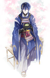  1boy blue_eyes blue_hair commentary japanese_clothes light_smile male_focus mikazuki_munechika nair_(mindcreator) parted_lips petals photoshop_(medium) sitting solo tea touken_ranbu 