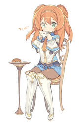  alisa_kirsten blade_(galaxist) blush chair commentary_request croissant cup double_bun female food full_body green_eyes hair_bun long_hair looking_at_viewer orange_hair pantyhose photoshop_(medium) plate pop-up_story simple_background sitting skirt solo st._feles_gakuen_uniform table teacup white_background 