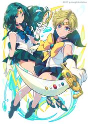  2017 2girls bare_legs bishoujo_senshi_sailor_moon blonde_hair blue_bow blue_choker blue_eyes blue_sailor_collar blue_skirt bow choker circlet commentary_request crescent crescent_earrings deep_aqua_mirror earrings full_body gloves green_choker green_eyes green_hair green_sailor_collar green_skirt highres jewelry kaiou_michiru kotatsu_(g-rough) left-handed long_hair looking_at_viewer magical_girl multiple_girls outer_senshi pleated_skirt sailor_collar sailor_neptune sailor_senshi_uniform sailor_uranus shoes short_hair skirt smile space_sword strappy_heels sword ten&#039;ou_haruka tiara very_short_hair watermark weapon web_address white_background white_gloves yellow_bow 