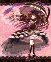  ahoge bad_id bad_pixiv_id black_dress black_footwear black_umbrella blunt_bangs blush boots border bridal_gauntlets brown_eyes character_name commentary_request cross-laced_footwear doily dress english_text female flower frilled_dress frilled_umbrella frills full_body gothic_lolita hair_flower hair_ornament hairband happy_birthday hasegawa_hirano high_heel_boots high_heels holding holding_umbrella knee_boots lace lace-trimmed_dress lace-up_boots lace_border lace_trim lolita_fashion lolita_hairband long_hair long_sleeves looking_at_viewer minami_(apricot_tea) ornate_border parasol petticoat pink_background platform_boots platform_footwear purple_ribbon ribbon ribbon-trimmed_thighhighs ribbon_trim smile solo standing tantei_opera_milky_holmes thighhighs umbrella very_long_hair white_thighhighs 