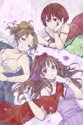  3girls anrietta_rochefort arc_the_lad arc_the_lad_iii bra breasts brown_eyes brown_hair choker choko_(arc_the_lad) cleavage commentary_request dress highres jewelry long_hair looking_at_viewer marsia_(arc_the_lad) medium_hair multiple_girls red_dress short_hair smile surume_(surume_8738) underwear 