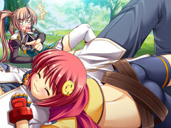  1boy 2girls bachou brown_hair cg chouhi closed_eyes game_cg koihime_musou multiple_girls ponytail yatsuha_kanan 