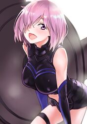  armor armored_dress commentary fate/grand_order fate_(series) female hair_over_one_eye highres lord_camelot_(fate) mash_kyrielight nekoi_mie open_mouth purple_eyes purple_hair short_hair solo 