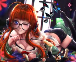  ass behind-the-head_headphones black_legwear black_shorts blunt_bangs breasts cat_teaser cleavage commentary english_commentary feline female fur-trimmed_jacket fur_trim glasses green_jacket headphones highres jacket javier_estrada long_hair long_sleeves looking_at_viewer lying medium_breasts morgana_(persona_5) no_shoes on_side one_eye_closed open_clothes open_jacket orange_hair persona persona_5 purple_eyes sakura_futaba shirt shorts smile solo_focus tank_top teeth thighhighs toes toy ufo 