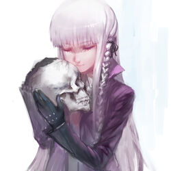  braid charimei closed_eyes commentary_request danganronpa:_trigger_happy_havoc danganronpa_(series) female gloves kirigiri_kyoko long_hair photoshop_(medium) purple_hair skull solo spoilers 