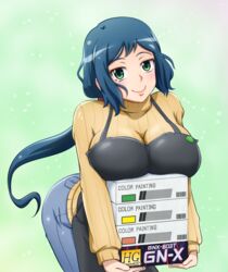  akanerun apron bad_id bad_pixiv_id blue_hair breast_rest breasts carried_breast_rest carrying denim female green_eyes gundam gundam_build_fighters haro_button_badge iori_rinko jeans large_breasts leaning_forward long_hair mature_female pants ponytail ribbed_sweater smile solo sweater very_long_hair 