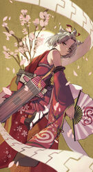  animal_ears azur_lane bare_shoulders branch brown_eyes cherry_blossoms closed_mouth commentary_request detached_sleeves female flight_deck floral_print folding_fan from_side fujita_(condor) hair_ribbon hand_fan highres holding holding_fan japanese_clothes kimono leg_up long_hair long_sleeves looking_at_viewer looking_back machinery moon oerba_yun_fang petals photoshop_(medium) pleated_skirt red_kimono red_ribbon ribbon rigging rudder_footwear short_hair shouhou_(azur_lane) shouhou_(retrofit)_(azur_lane) skirt smile solo thighhighs topknot white_hair white_thighhighs wide_sleeves 