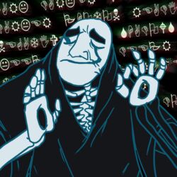  1:1 5_fingers animated_skeleton bone character_cipher closed_eyes crossover disney eyebrows fingers gaster gesture hand_gesture just_right meme not_furry ok_sign pacha_(the_emperor&#039;s_new_groove) reaction_image skeleton solo spirit text the_emperor&#039;s_new_groove undead undertale undertale_(series) unknown_artist wingdings_text 