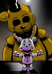  2018 animatronic bear bow_(feature) bow_tie button_(fastener) clothing digital_media_(artwork) duo five_nights_at_freddy&#039;s five_nights_at_freddy&#039;s_2 freddy_fazbear&#039;s_pizzeria_simulator fur hat headgear headwear heart_eyes heart_symbol helpy_(fnaf) hi_res machine mammal robot scottgames shu_20625 teeth top_hat withered_golden_freddy_(fnaf) 