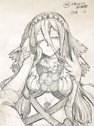  azura_(fire_emblem) closed_eyes commentary_request corrin_(fire_emblem) corrin_(male)_(fire_emblem) crying dress female fire_emblem fire_emblem_fates gloves graphite_(medium) greyscale jewelry monochrome necklace shiratsu_(white-seaside) simple_background smile straight tears traditional_media translation_request 