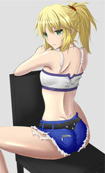  :&lt; akashiro_sen ass back bandeau bare_legs blonde_hair blue_shorts braid chair commentary_request crop_top cutoffs denim denim_shorts dimples_of_venus fate/apocrypha fate/stay_night fate_(series) female from_behind green_eyes half_up_braid long_hair micro_shorts midriff mordred_(fate) mordred_(fate/apocrypha) mordred_(memories_at_trifas)_(fate) ponytail red_scrunchie scrunchie shorts sitting sitting_backwards solo spread_legs 