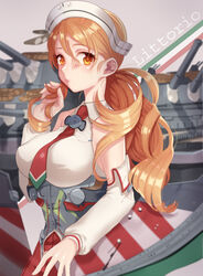  bare_shoulders breasts brown_eyes brown_hair cannon character_name commentary_request detached_sleeves etsuo female hair_ornament hand_in_own_hair kantai_collection large_breasts littorio_(kancolle) long_hair machinery mecha_musume necktie ponytail red_skirt shirt skirt sleeveless sleeveless_shirt solo turret upper_body wavy_hair 