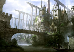  aqueduct architecture boat bridge cape commentary fantasy halberd original photoshop_(medium) planted planted_sword polearm river scenery sword watercraft weapon yuu_kikuchi 