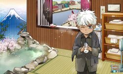  1boy archer_(fate) architecture bedroom chibi commentary_request crimo dark-skinned_male dark_skin east_asian_architecture fate/stay_night fate_(series) food food_on_face kantai_collection milk_mustache mount_fuji white_hair 