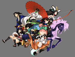  92m animal_ears bare_shoulders bow_(weapon) breasts cleavage commentary_request hadanugi_dousa hair_ornament horse japanese_clothes katana kimono kisuke kongiku lantern leaf leaf_on_head medium_breasts momohime multiple_boys multiple_girls oboro_muramasa open_clothes open_kimono paper_lantern sayo_(oboro_muramasa) scarf shell sword torahime umbrella weapon white_hair yagyuu_yukinojou yuzuruha 