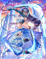  anklet barefoot barefoot_sandals_(jewelry) black_hair blue_eyes braid breasts cardfight!!_vanguard cleavage commentary_request company_name female gloves harem_pants jewelry long_hair medium_breasts midriff navel official_art open_mouth pants photoshop_(medium) sky soles solo spinel_(9057) sword teeth toeless_legwear veil waterback_knight_le_meace weapon 