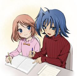  1boy ahoge blue_eyes brother_and_sister brown_hair cardfight!!_vanguard commentary_request female highres open_mouth sendou_aichi sendou_emi shijimi_(outa) short_hair siblings sweater turtleneck 