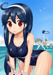  3girls admiral_(kancolle) black_hair breasts camera commentary_request highres ikazuchi_(kancolle) kantai_collection kongou_(kancolle) large_breasts long_hair multiple_girls one-piece_swimsuit red_eyes rensouhou-chan school_swimsuit sin_(kami148) swimsuit ushio_(kancolle) 