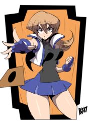  absurdres bigdead blonde_hair breasts brown_eyes card cowboy_shot duel_academy_uniform_(yu-gi-oh!_gx) female fingerless_gloves gloves highres large_breasts long_hair school_uniform skirt solo tenjouin_asuka thighs throwing yu-gi-oh! yu-gi-oh!_gx 