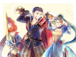  2boys armads_(fire_emblem) axe bad_id bad_twitter_id blue_eyes blue_hair closed_eyes commentary_request dress eliwood_(fire_emblem) eliwood_(valentine)_(fire_emblem) female fire_emblem fire_emblem:_the_blazing_blade fire_emblem_heroes gloves green_eyes green_hair hector_(fire_emblem) hector_(valentine)_(fire_emblem) kuzumosu long_hair lyn_(fire_emblem) lyn_(valentine)_(fire_emblem) multiple_boys open_mouth ponytail red_hair short_hair smile weapon 