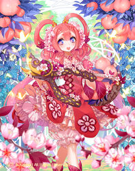  assistance_maiden_lucie braid bug butterfly cardfight!!_vanguard commentary_request company_name female flower flower-shaped_pupils food fruit hair_flower hair_ornament jewelry leaf long_hair necklace official_art open_mouth peach photoshop_(medium) pink_hair purple_eyes scissors solo spinel_(9057) symbol-shaped_pupils teeth 