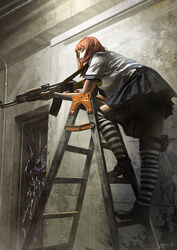  ak-47 assault_rifle commentary female gun highres holster kalashnikov_rifle ladder original over-kneehighs photoshop_(medium) realistic red_hair rifle school_uniform signature skirt solo stepladder striped_clothes striped_thighhighs thigh_holster thighhighs weapon when_you_see_it yuu_kikuchi 