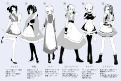  6+girls apron blue_theme boots camouflage commentary_request double_bun dress gloves goshi-san hair_bun highres image_sample long_dress maid maid_apron maid_headdress monochrome multiple_girls necktie original short_hair thighhighs tray twitter_sample zettai_ryouiki 